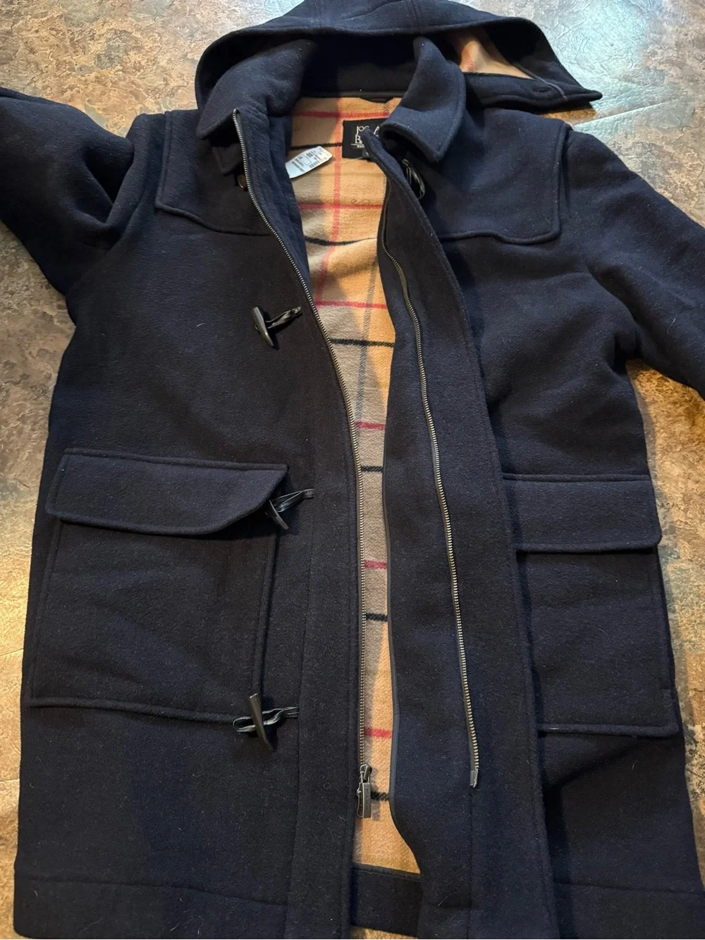 Jos. A. Bank Navy Wool Hooded Toggle Pea Coat Mens Large Zip New